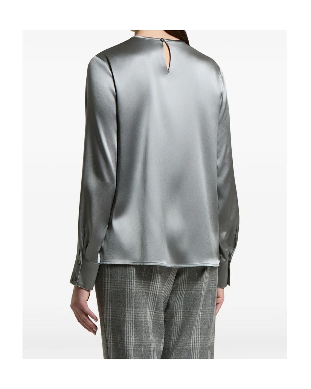Peserico Gray Beaded-Cuff Silk Blouse