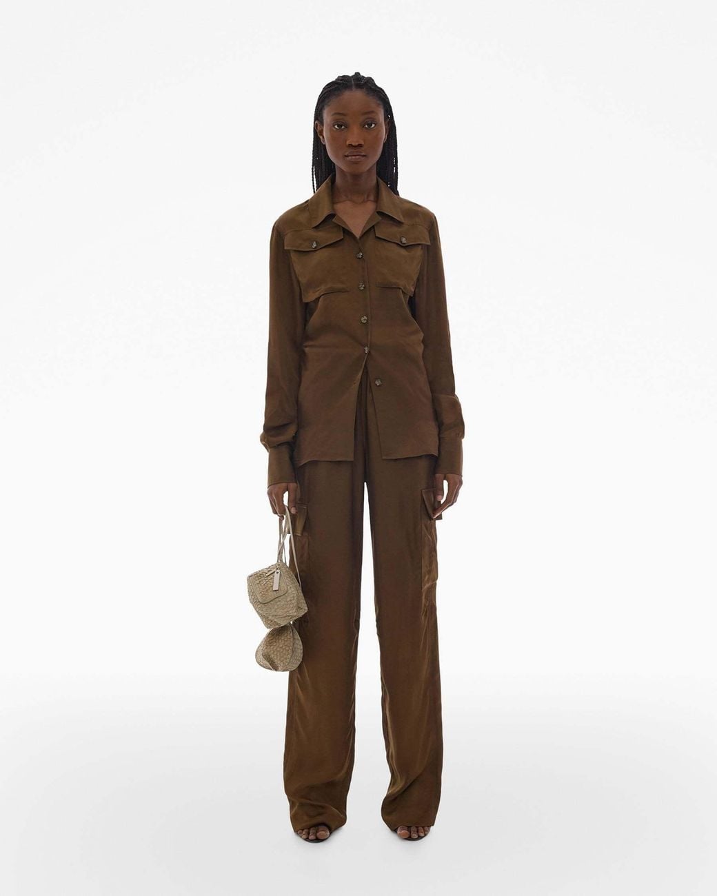 Helmut Lang Brown Long-Sleeve Satin-Finish Shirt