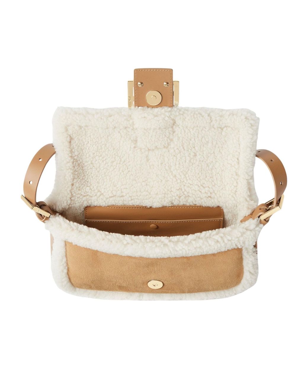 Fendi White Baguette 26424 Camel-Colored Shearling Bag