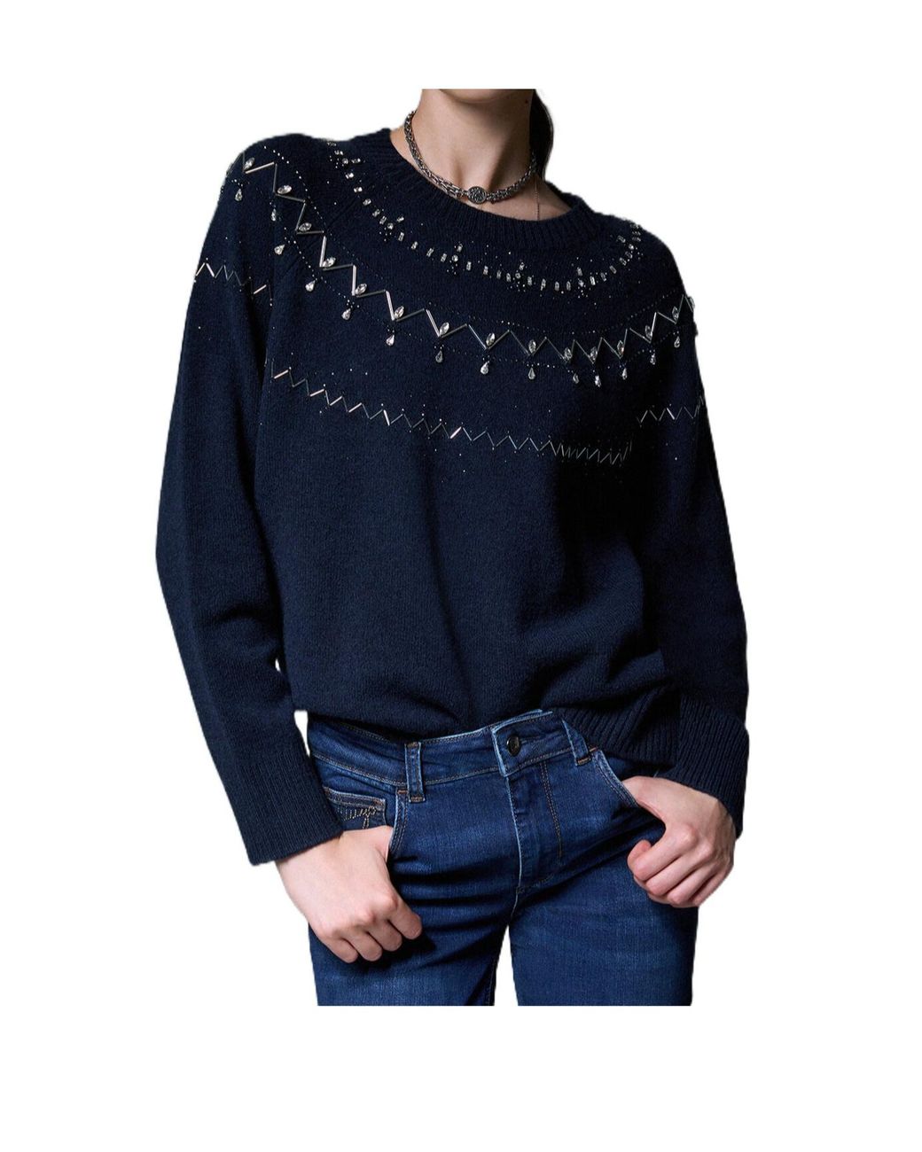 Liu Jo Blue Embellished Crewneck Jumper