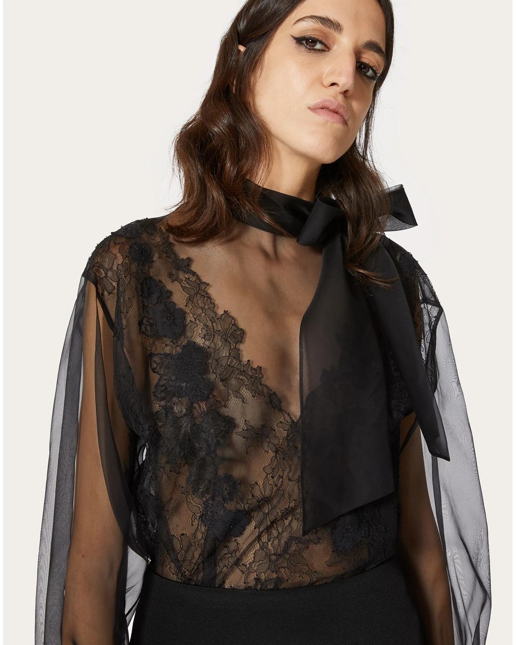 Valentino Gray Lace Long-Sleeved Blouse