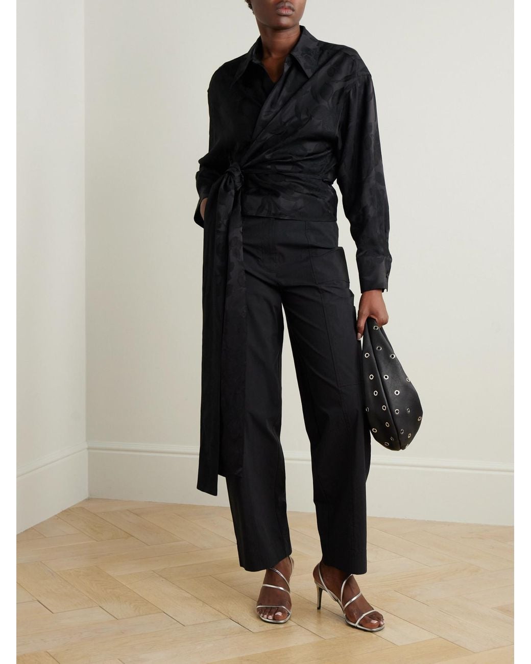 Rohe Black Floral Satin-Jacquard Wrap Shirt