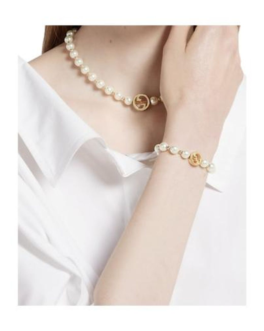 Gucci White Embellished Interlocking Bracelet