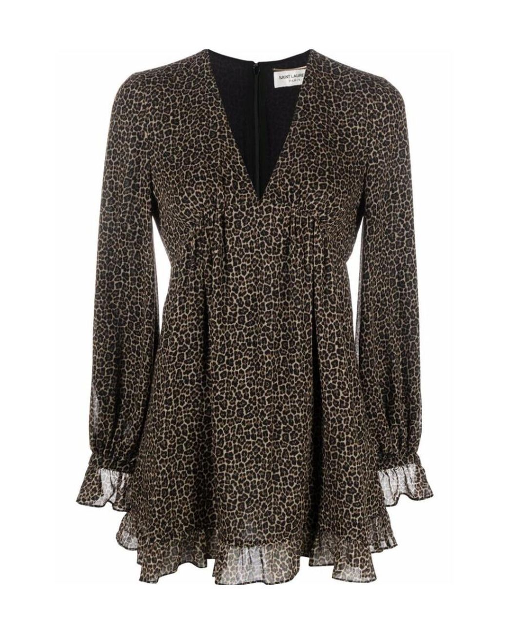 Saint Laurent Black Leopard Printed Long-Sleeved Dress