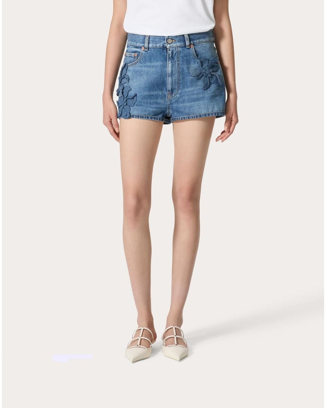 Valentino Blue Floral-Appliqué Straight Hem Denim Shorts