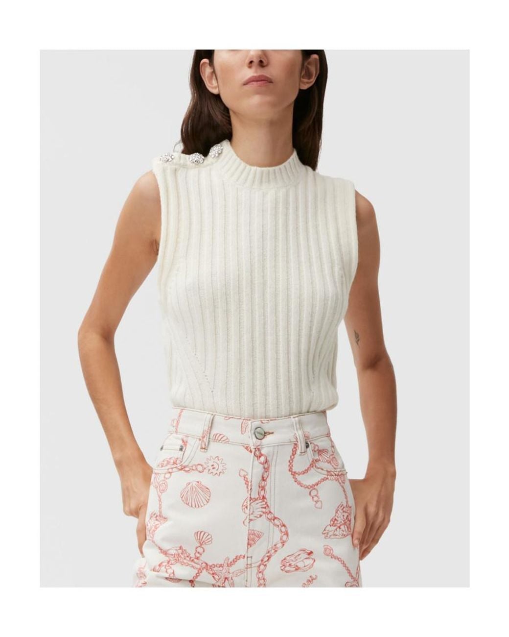 Ganni Natural Sleeveless Ribbed Vest