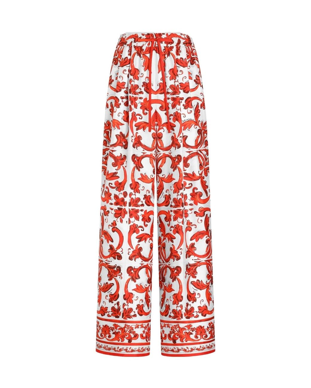 Dolce & Gabbana Red Silk Majolica Wide-Leg Trousers