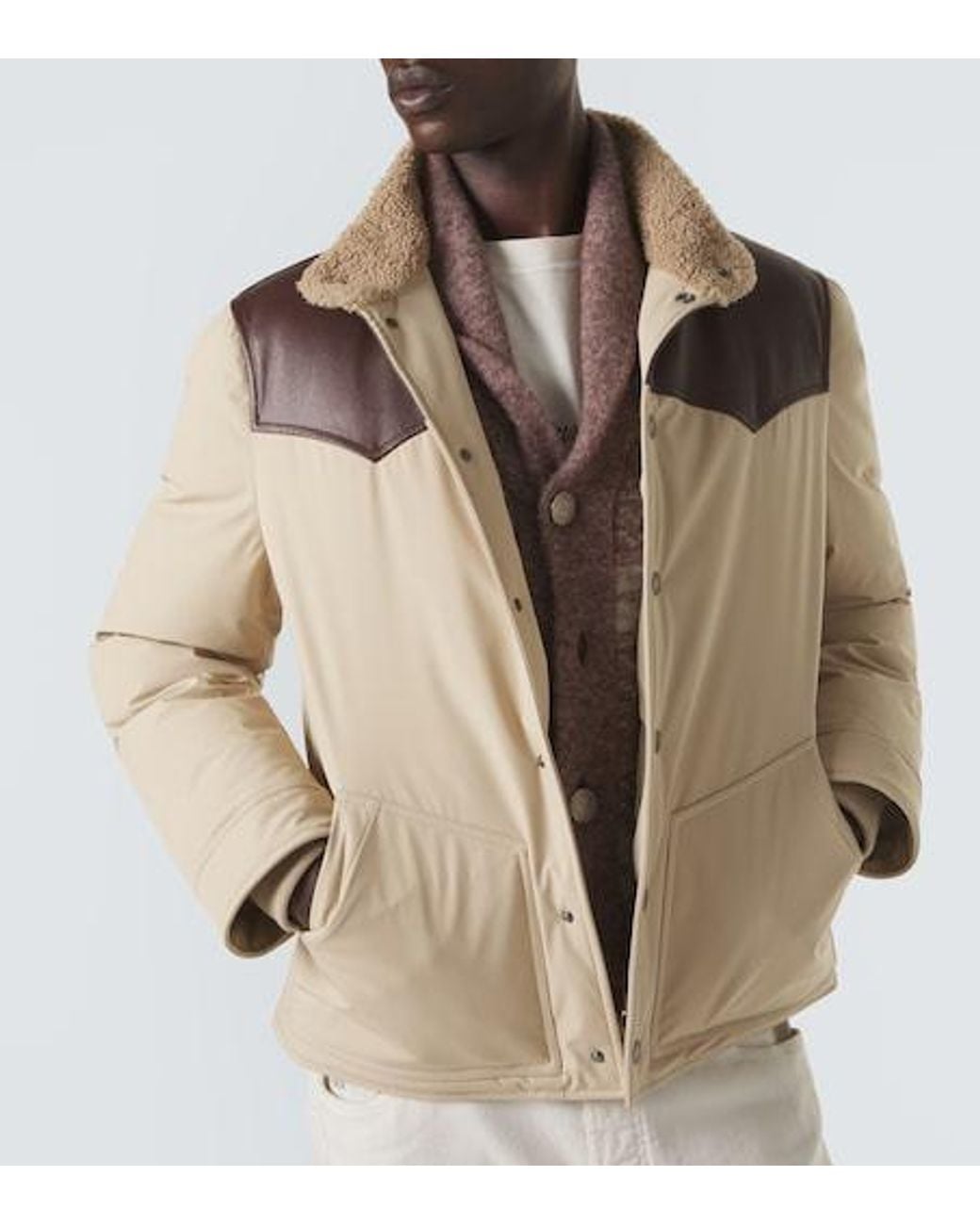 Brunello Cucinelli Brown Leather-Trimmed Down Jacket for men