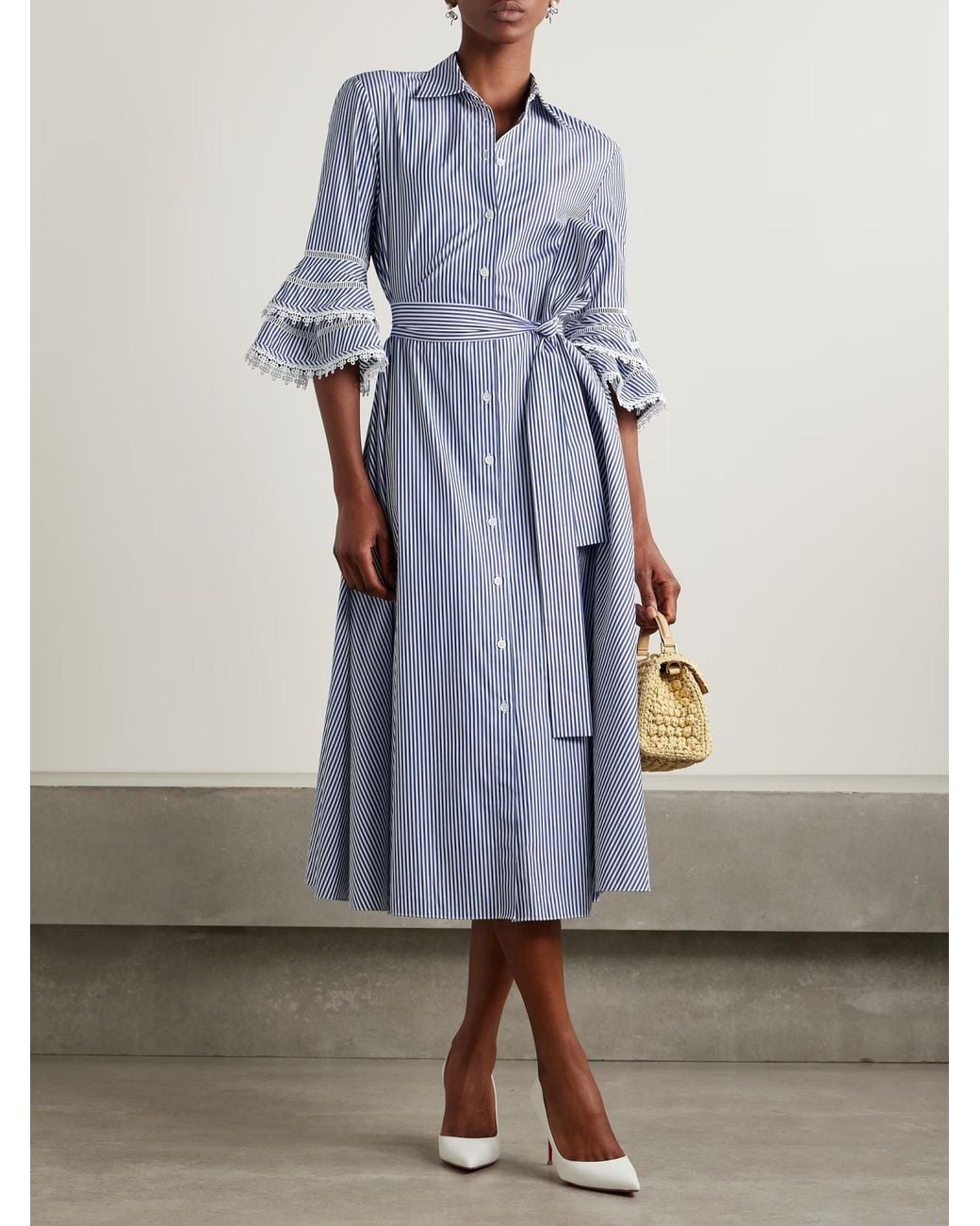 Carolina Herrera Blue Tie-Waist Striped Shirt Dress