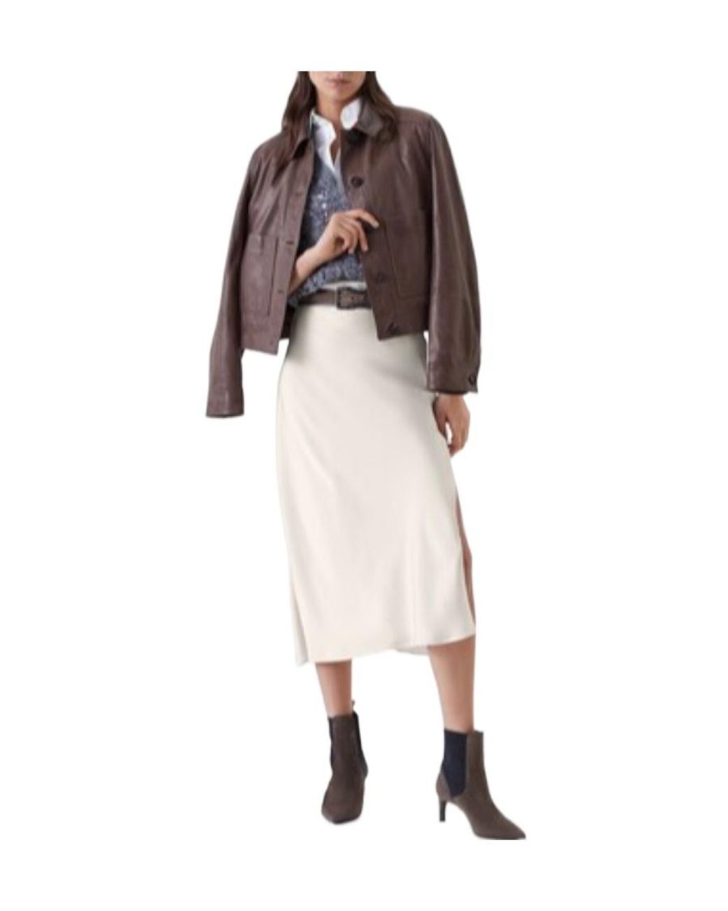 Brunello Cucinelli White Satin Midi Skirt