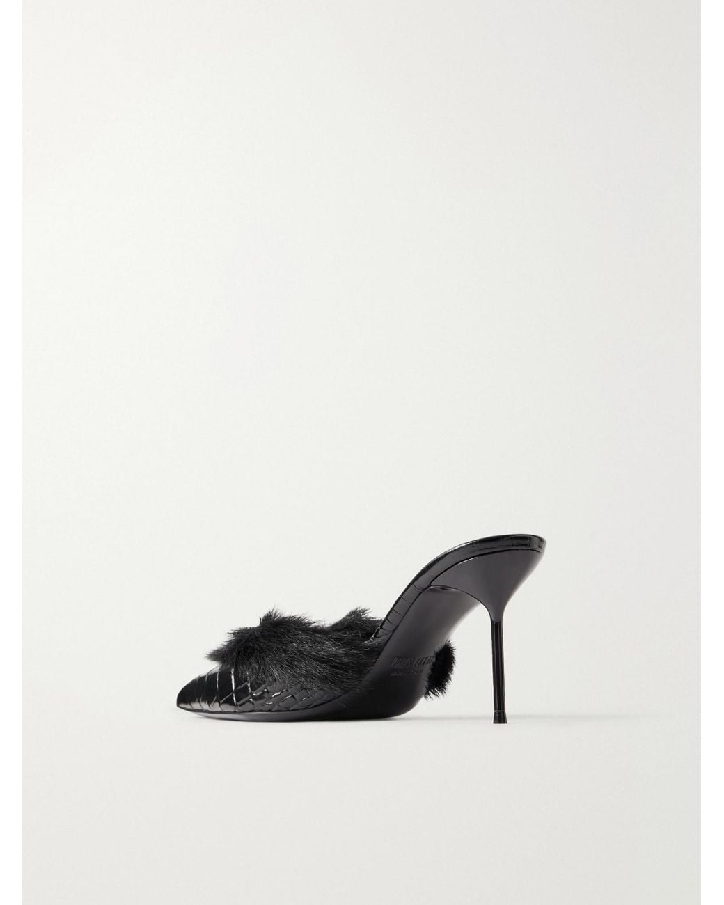 Paris Texas Black Plush-Trimmed Croc-Effect Leather Pumps