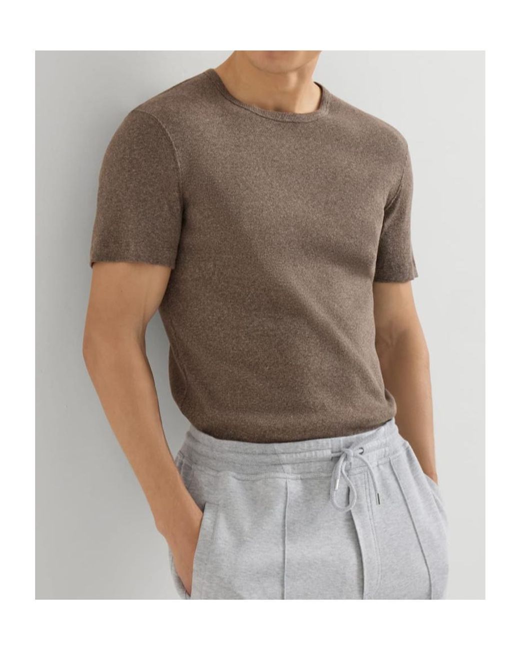 Brunello Cucinelli Brown Denim-Effect Ribbed Cotton Jersey Crew Neck T-Shirt for men
