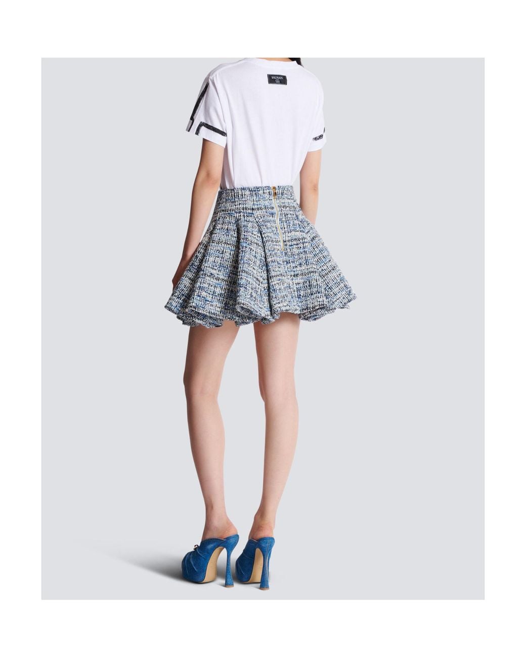 Balmain Blue Tweed Skirt With Pleats