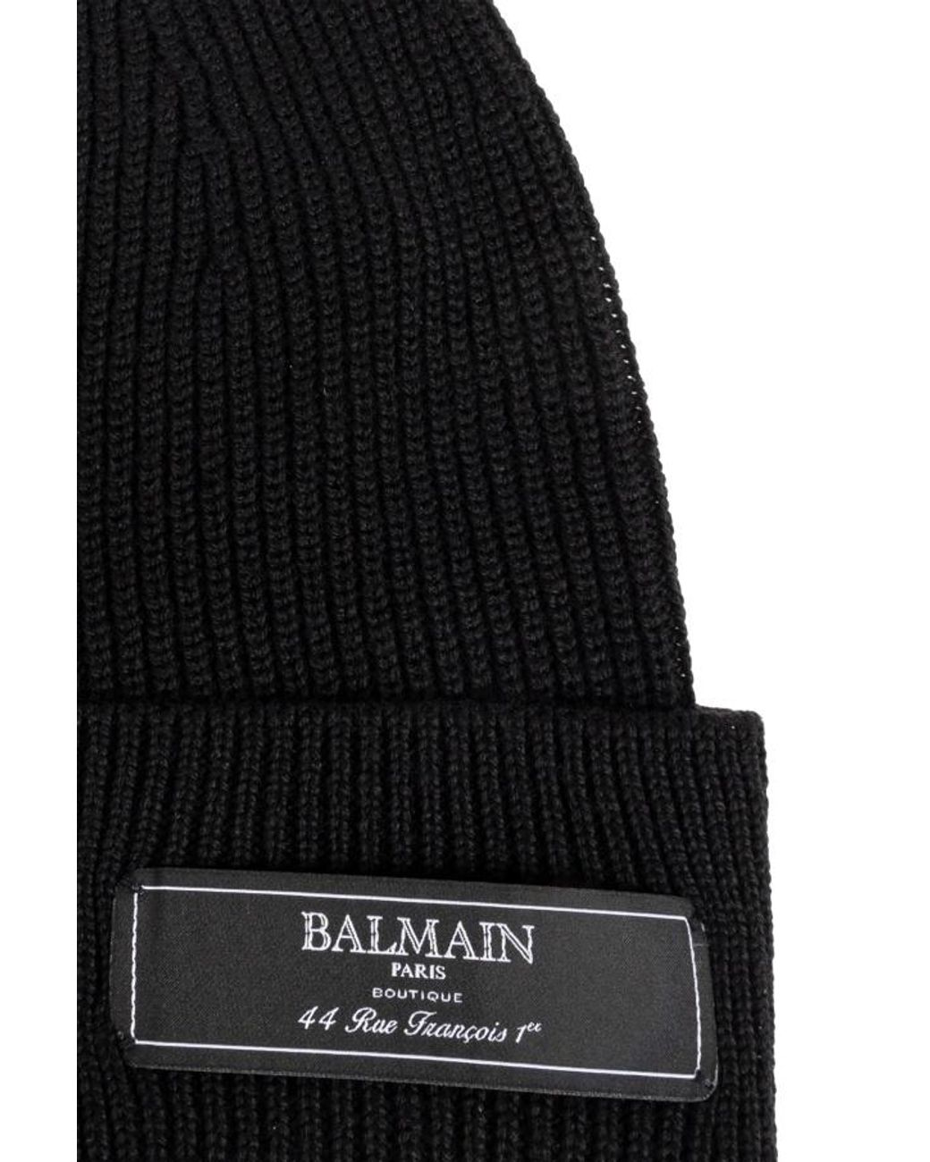 Balmain Black Logo-Patch Ribbed Beanie Hat for men