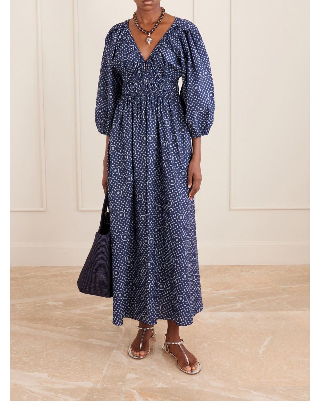 Matteau Blue Printed Organic Cotton Midi Dress