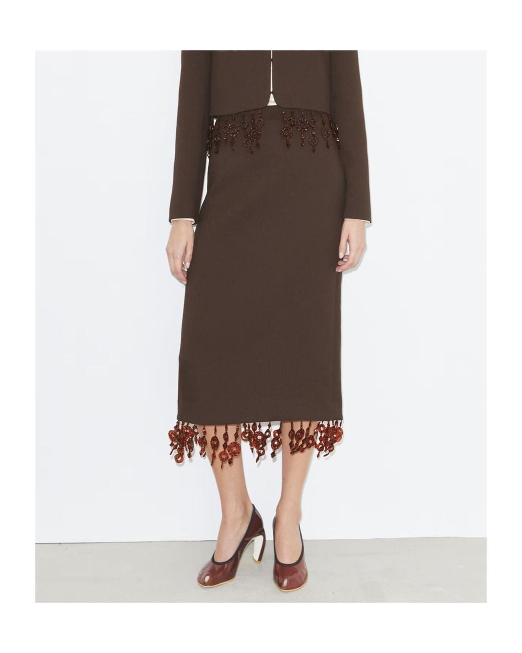 Tory Burch Brown Embellished Crepe Midi Skirt