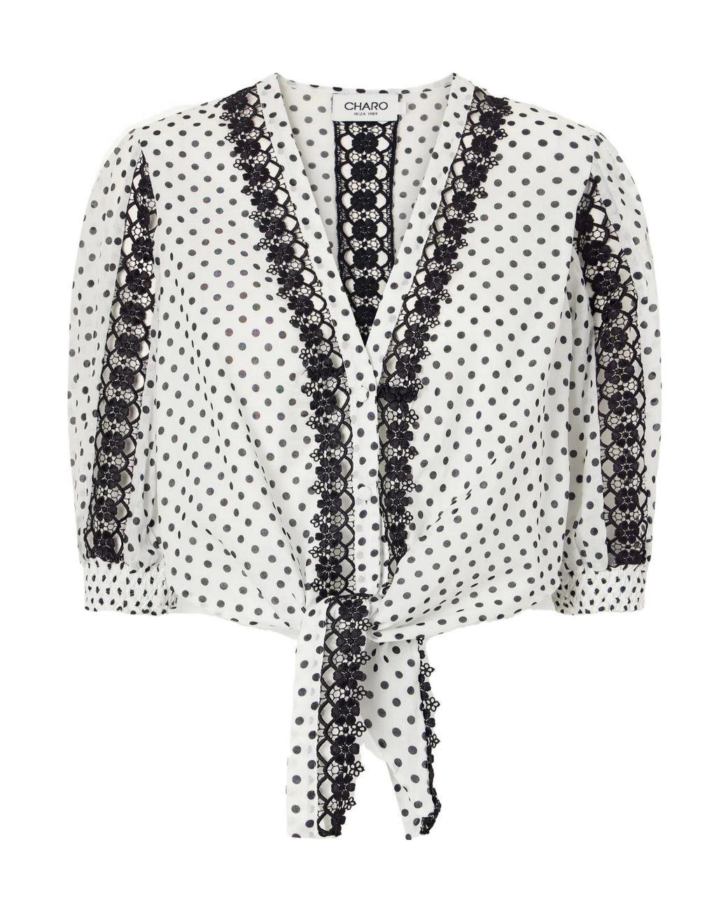 Charo Ruiz White Knotted Guipure Lace-Trimmed Polka-Dot Cotton-Blend Voile Blouse