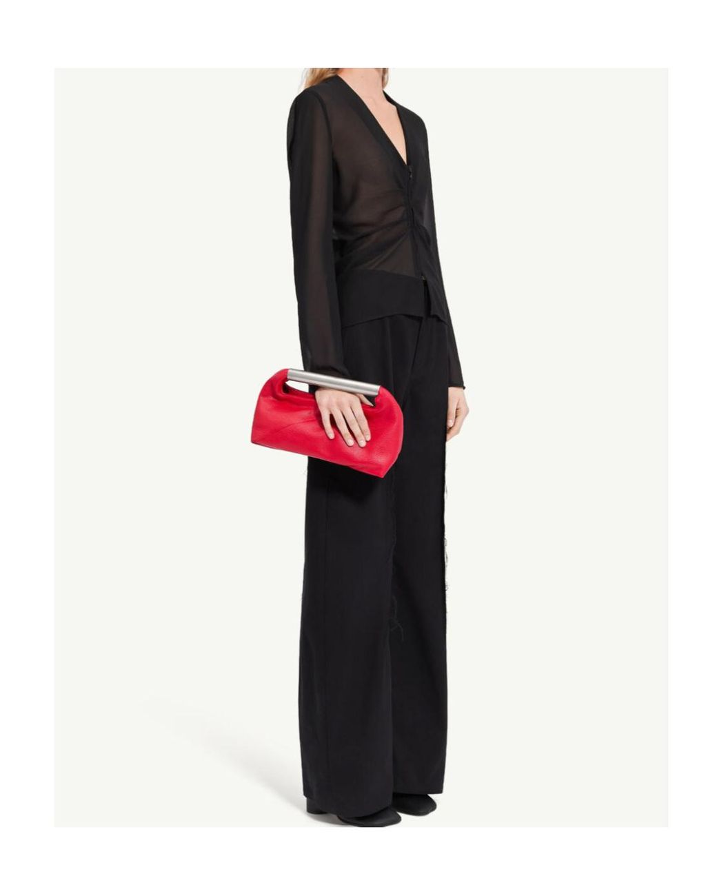 MM6 by Maison Margiela Black Gathered Chiffon V-Neck Top