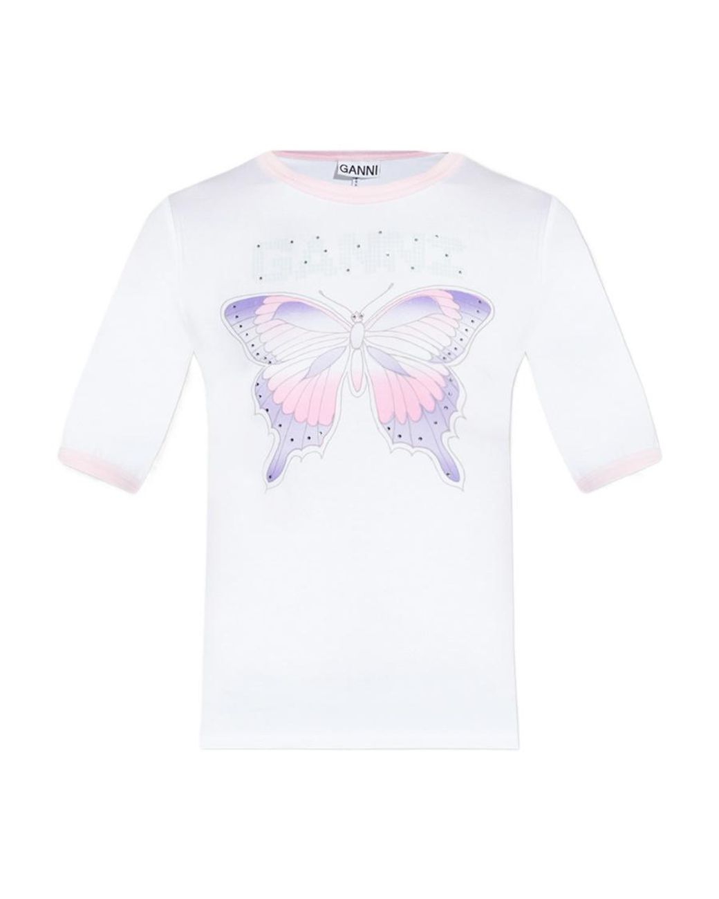 Ganni White Butterfly-Printed Crewneck T-Shirt