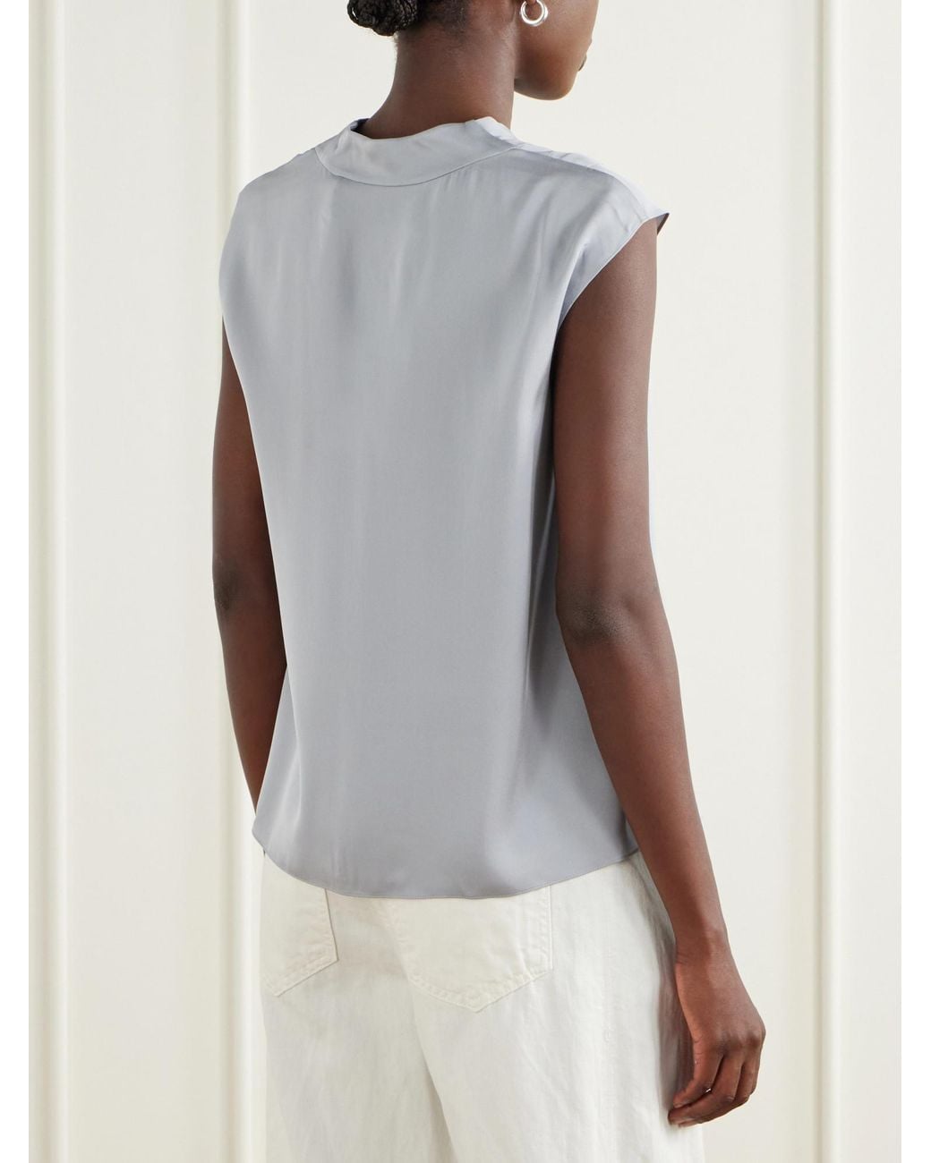 Theory Blue Pleated Silk-Satin Blouse
