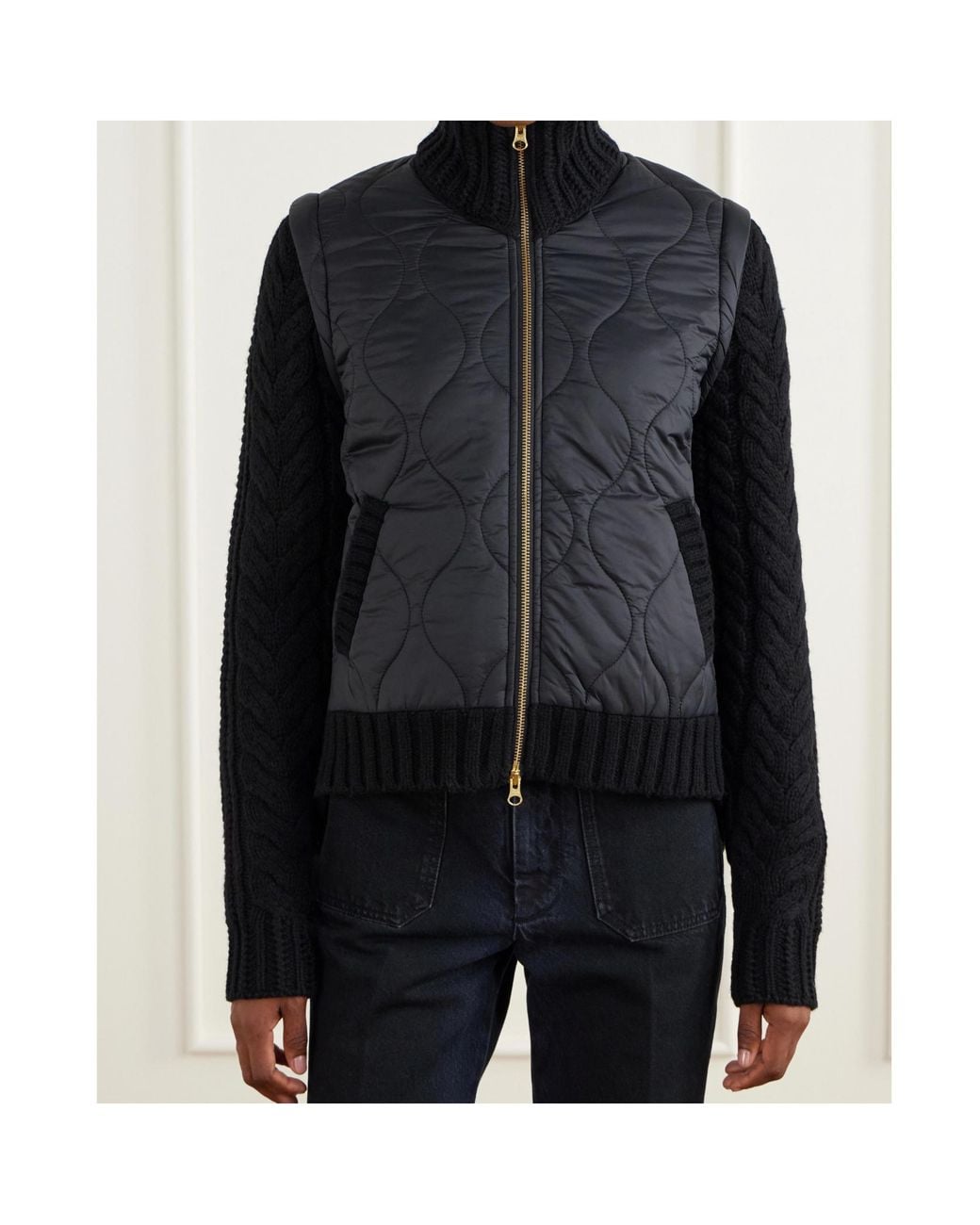Veronica Beard Black Patra Padded Cable-Knit Wool-Blend And Quilted Shell Jacket