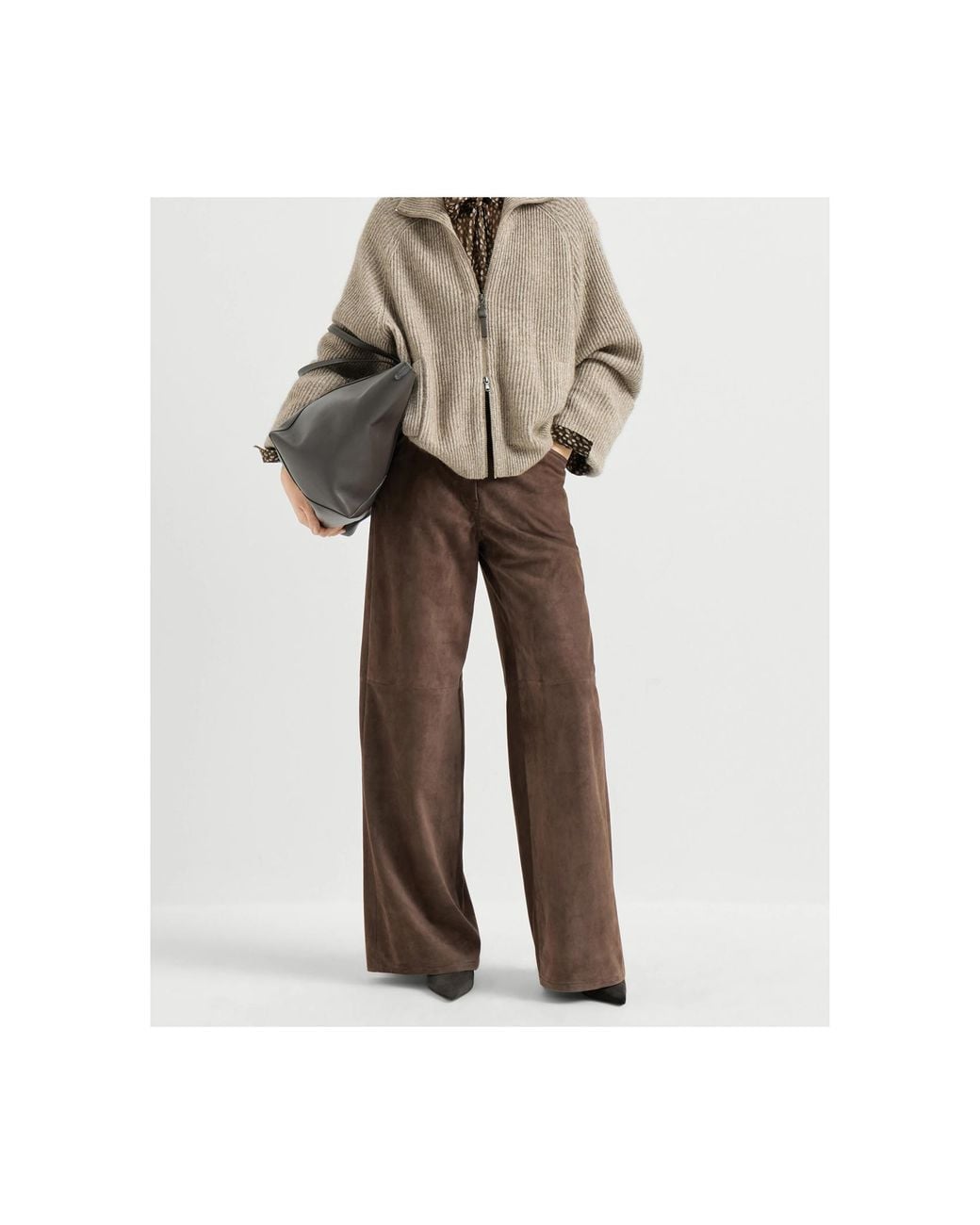 Brunello Cucinelli Brown Suede Baggy Trousers With Monili