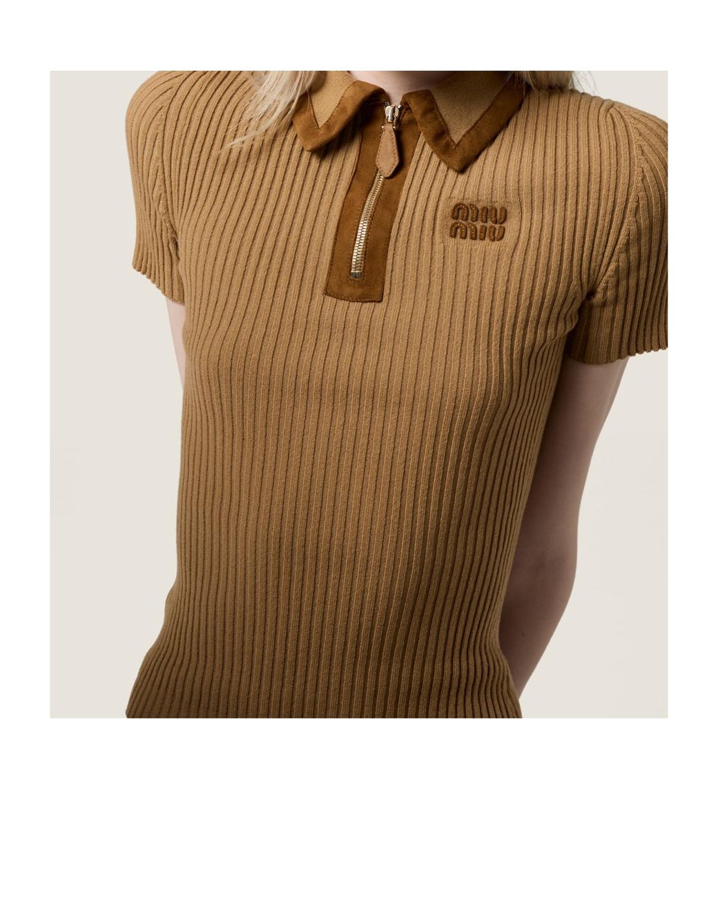 Miu Miu Cashmere-Blend Suede-Trim Ribbed Polo Shirt in Brown | Lyst