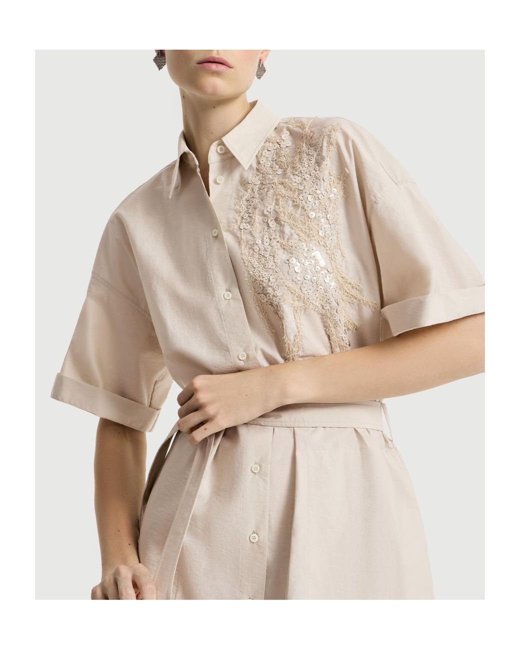 Brunello Cucinelli Natural Dazzling Seabed Embroidery Poplin Dress