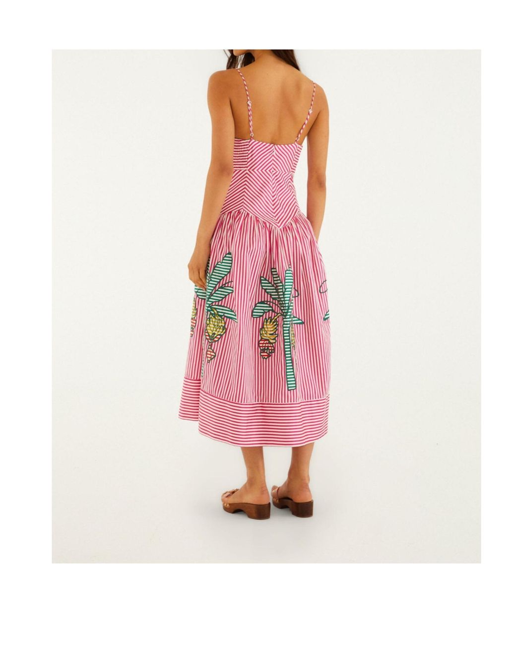 Farm Rio Pink Palm Tree-Embroidered Striped Midi Dress