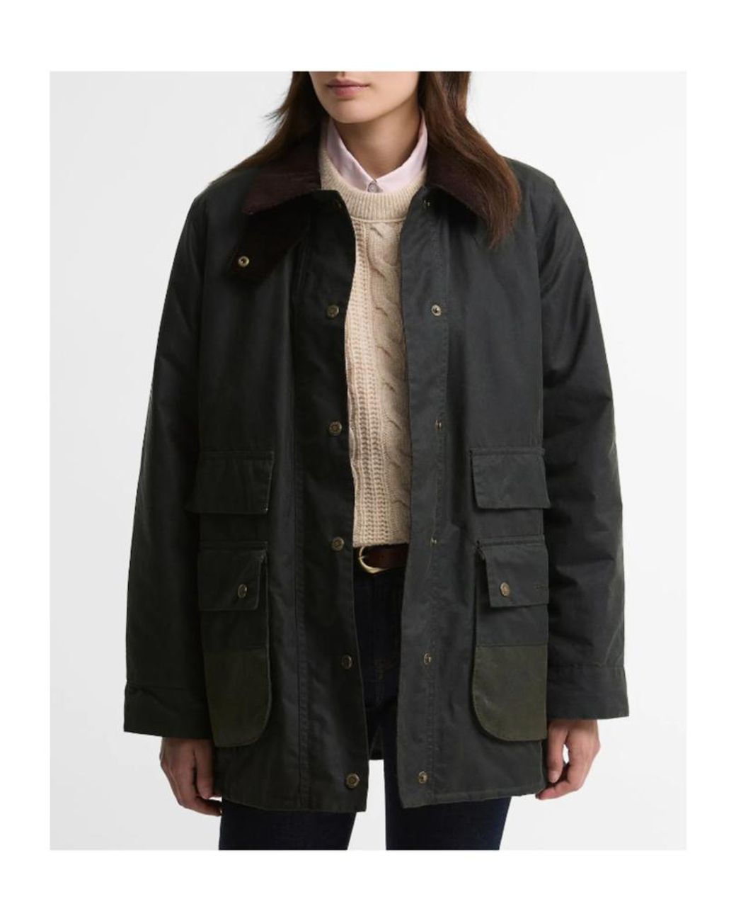 Barbour Black Modern Border Corduroy-Collar Waxed Coat