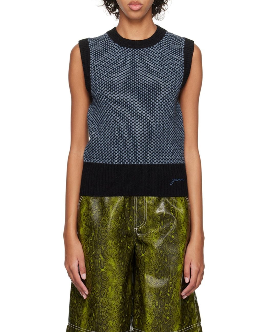 Ganni Blue Logo-Embroidered Knit Vest