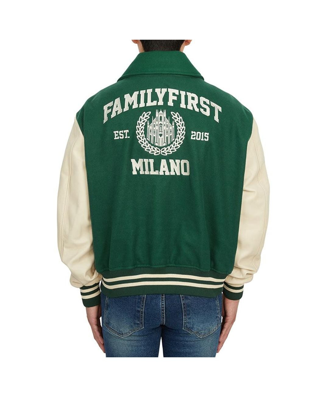 FAMILY FIRST Green Family First Varsity Patch Bomber Jacket for men