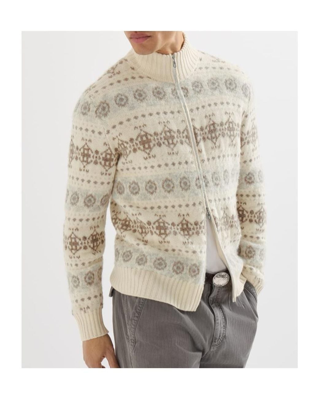Brunello Cucinelli White Cashmere Jacquard High-Neck Cardigan With Zipper for men