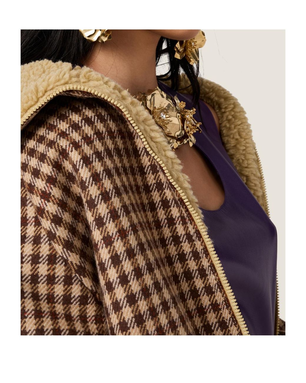 Miu Miu Brown Fleece-Lined Checked Blouson Jacket