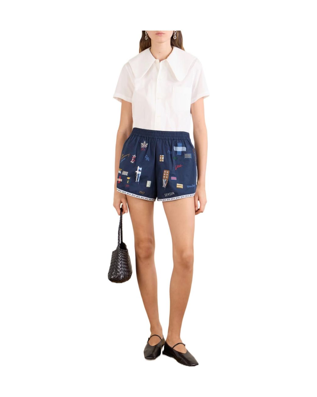 Sea Blue Embroidered Casual Shorts