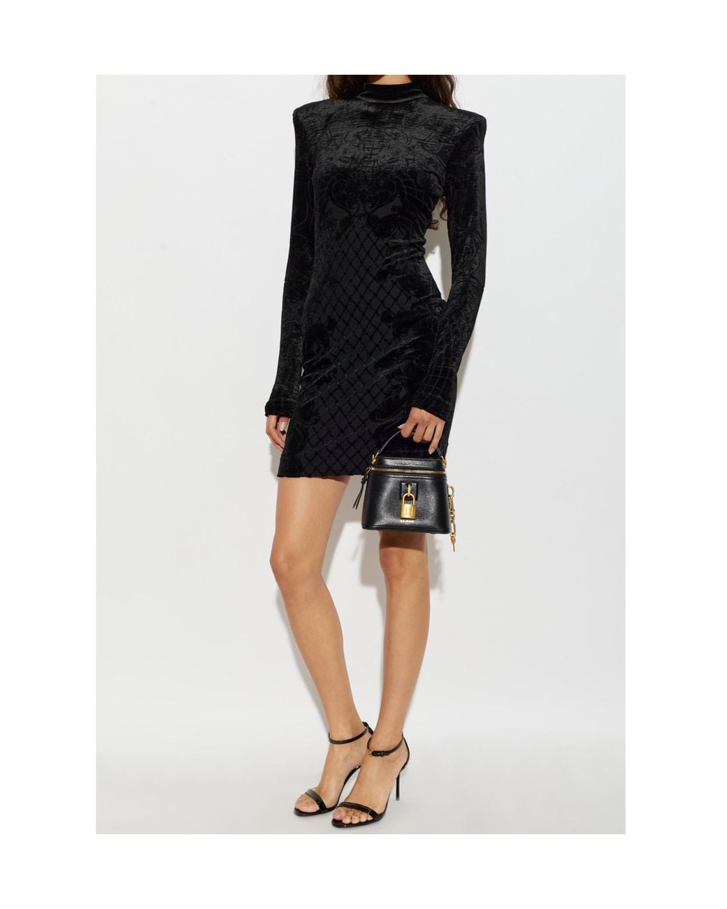 Balmain Black Flocked Velvet Turtleneck Dress