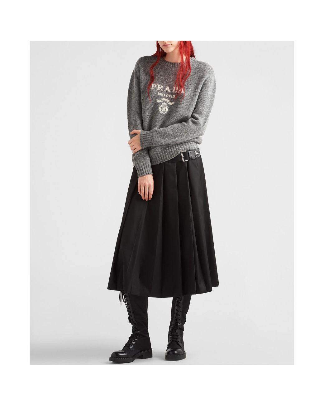 Prada Gray Cashmere And Wool Logo Crew-Neck Sweater