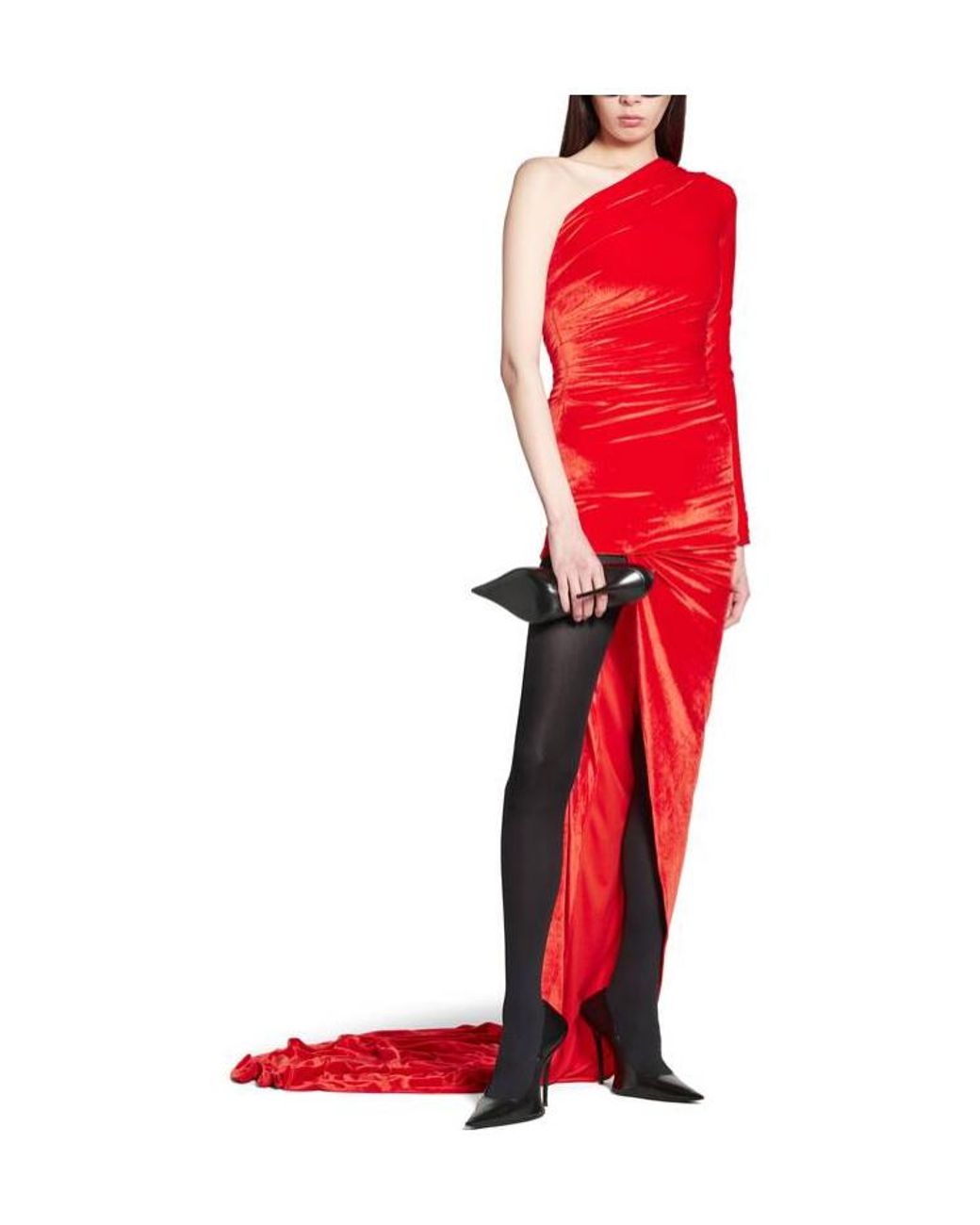 Balenciaga Velvet Asymmetric Draped Dress in Red | Lyst
