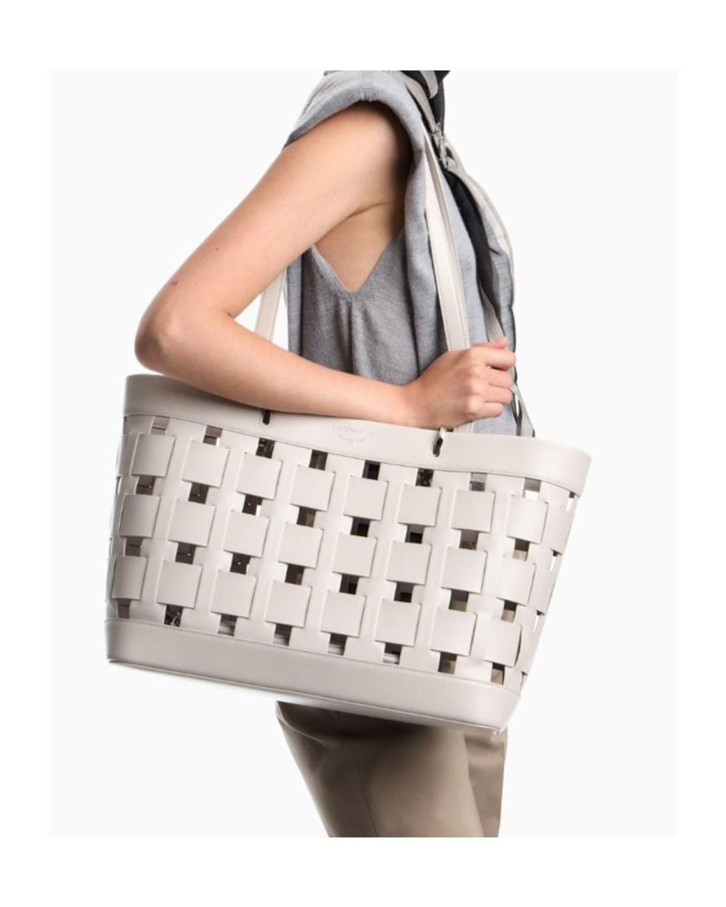 Emporio Armani White Tote Bag With Woven Design Double Handles And Pouch
