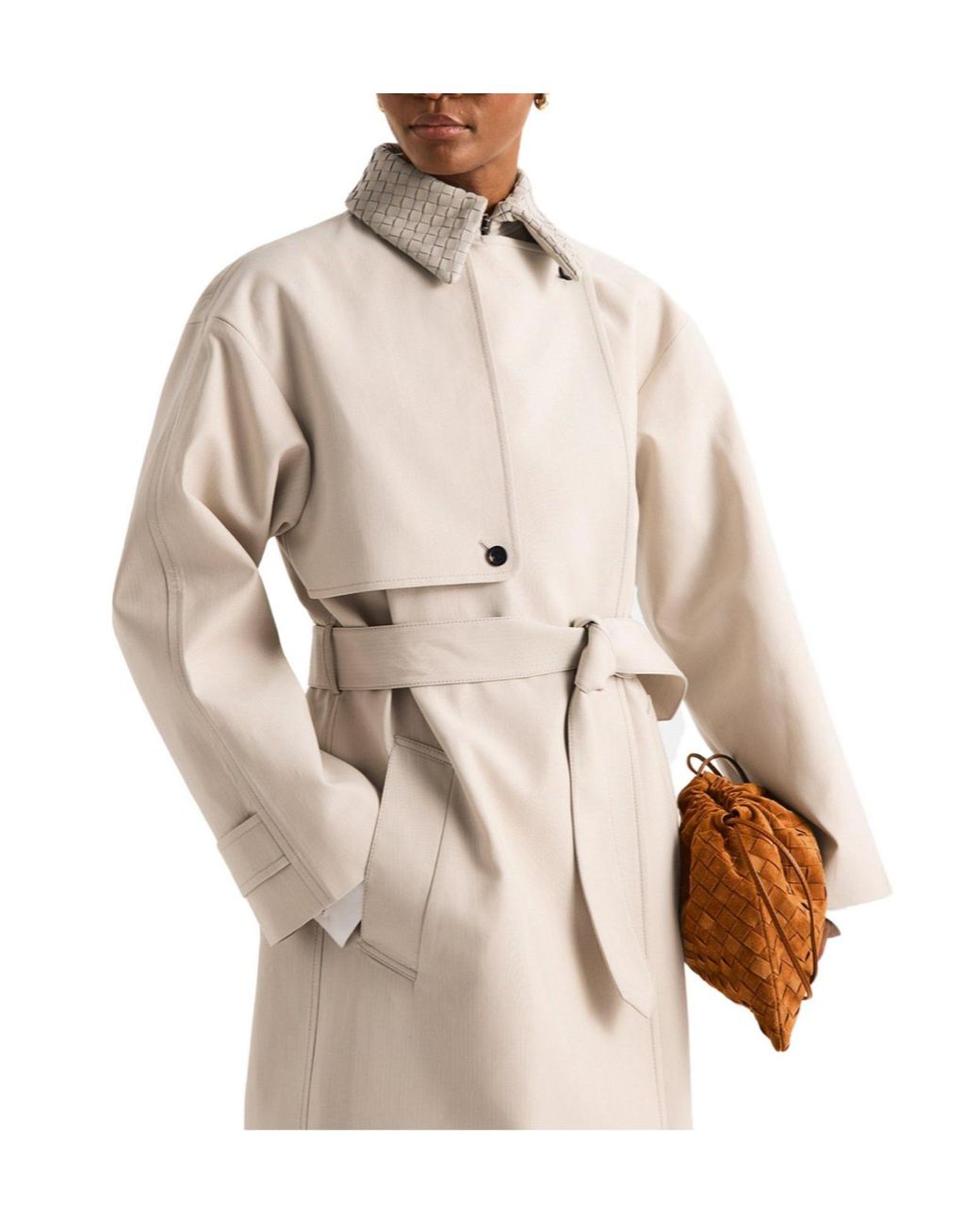 Bottega Veneta Natural Mid-Length Stand-Collar Trench Coat