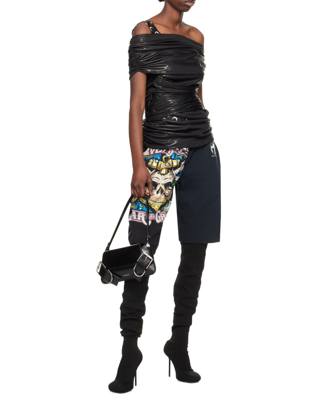 MARINE SERRE Black Single Shoulder Strap Draped Top