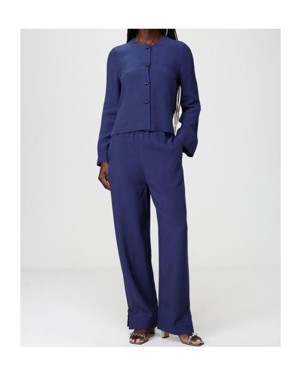 Emporio Armani Blue Stand Collar Buttoned Top