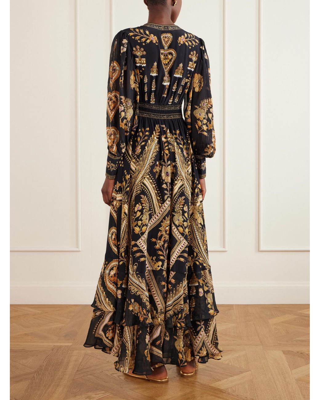 Camilla Black Embroidered Printed Silk-Crepe Maxi Dress