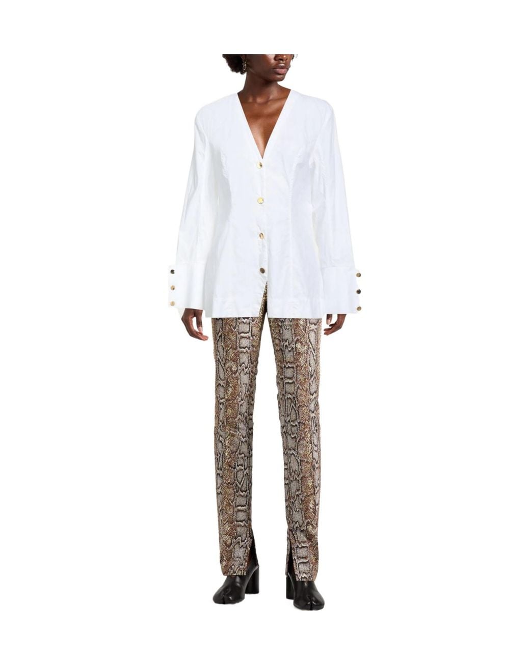 Ganni White Solid Long Sleeve V-Neck Shirt