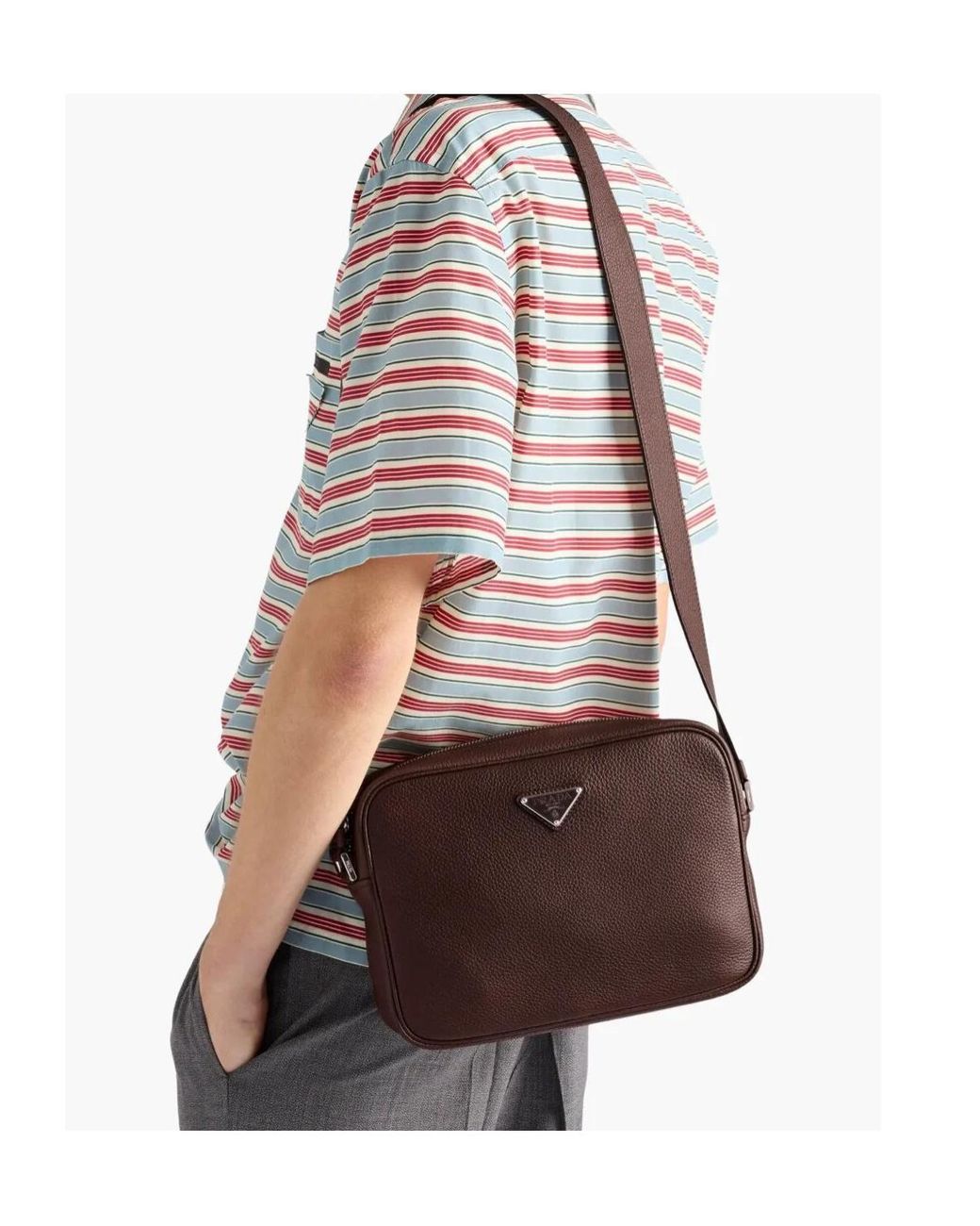 Prada Brown Logo Plaque Zipped Crossbody Bag for men