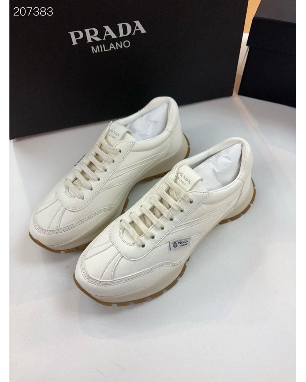 Prada White Logo-Patch Panelled Sneakers