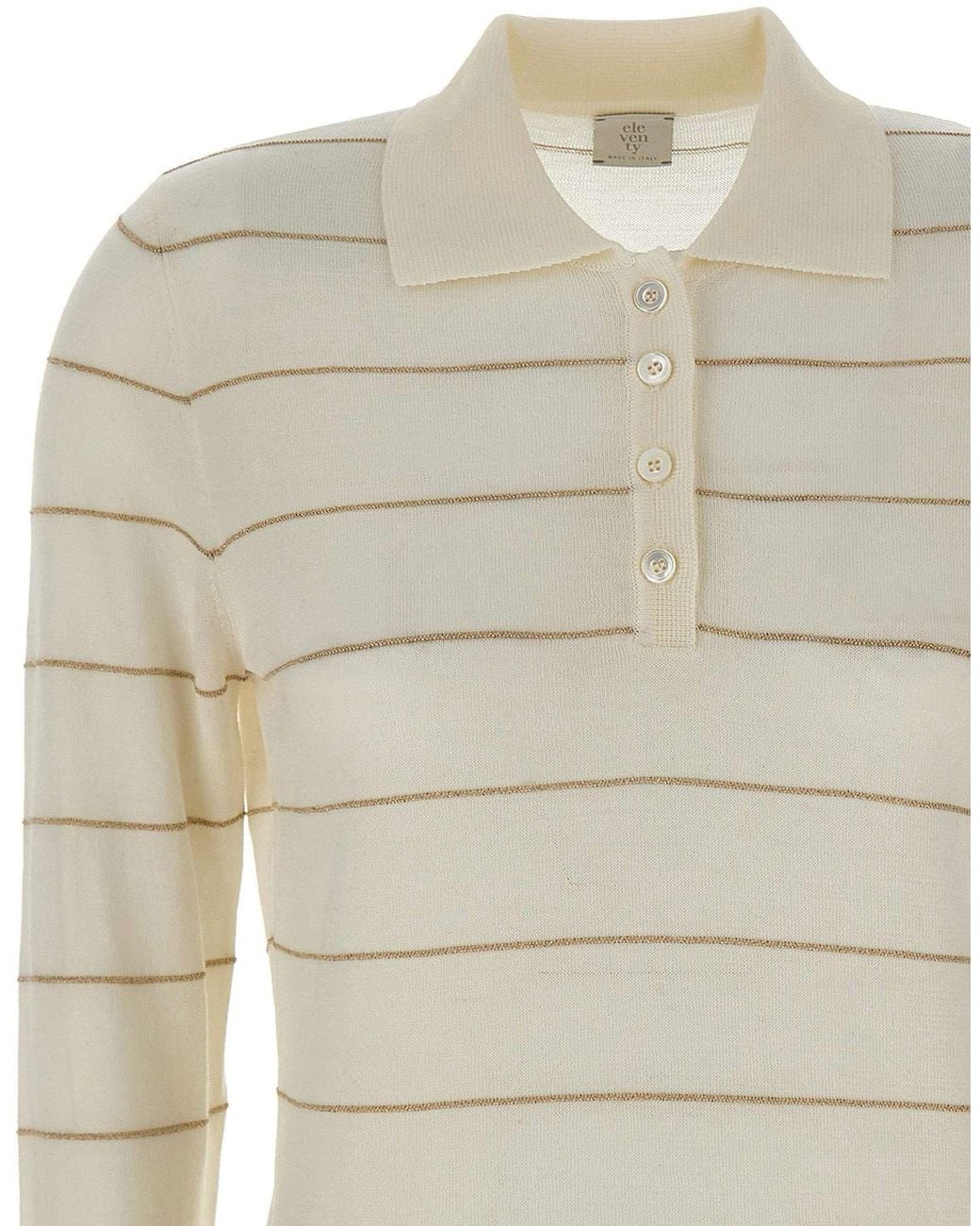 Eleventy White Striped Polo Knitted Top