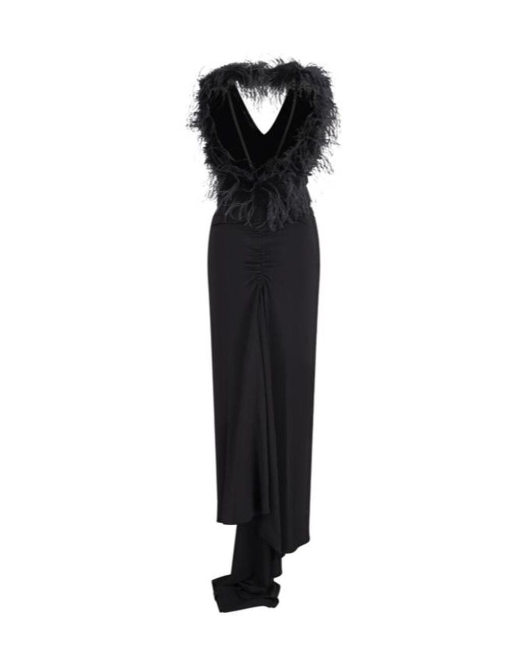 Blumarine Black Long Jersey Dress With Deep Neckline And Marabou Details