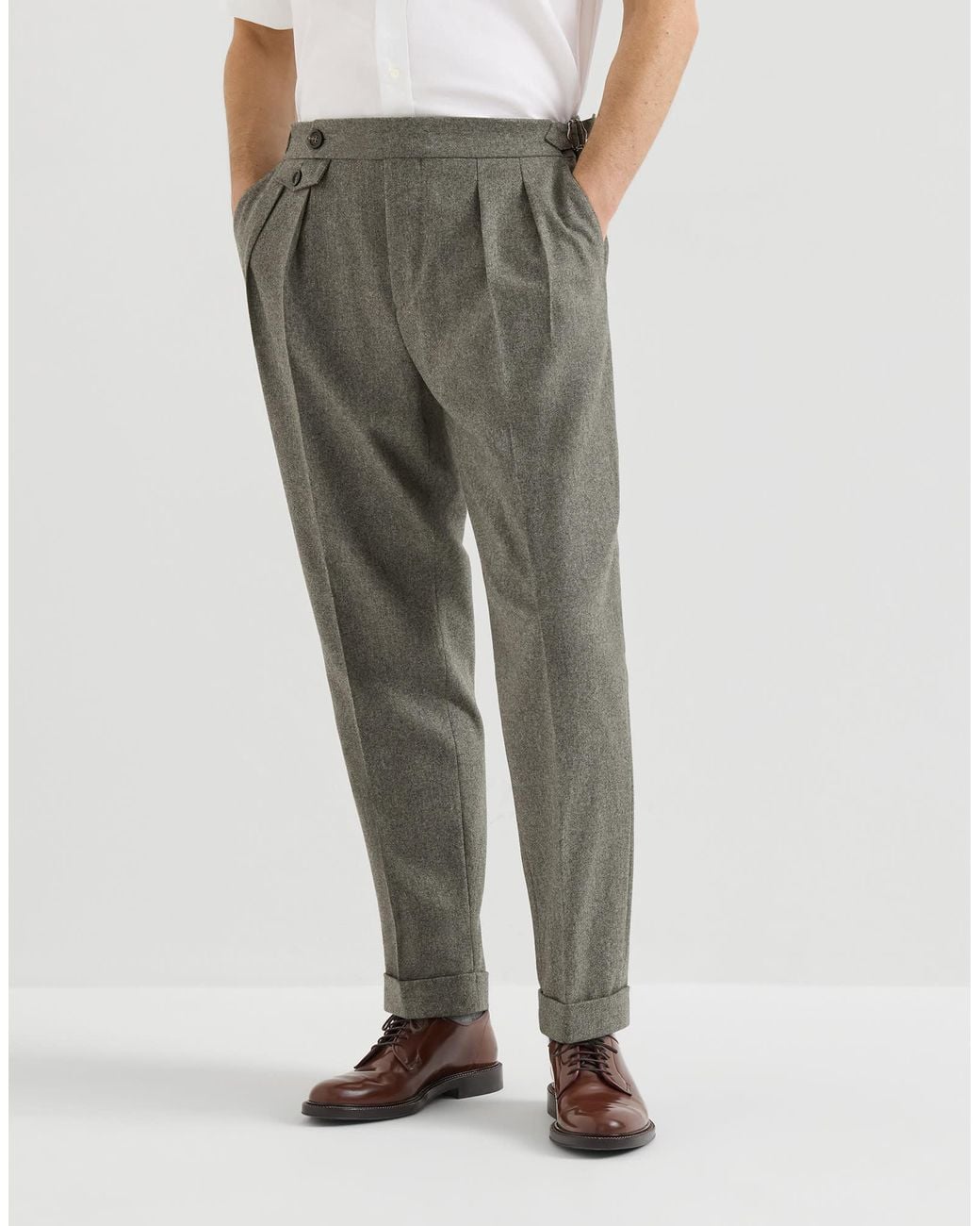 Brunello Cucinelli Gray Virgin Wool Flannel Trousers With Double Pleats And Waist Tabs for men