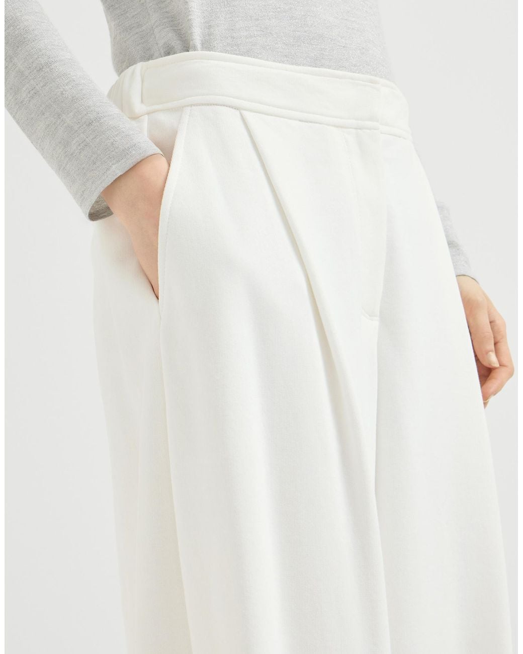 Brunello Cucinelli White Cotton Smooth French Terry Pleated Track Trousers